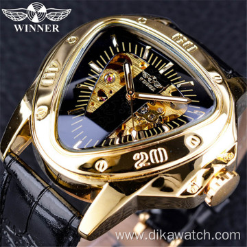 Top Brand Luxury Winner Steampunk Fashion Triangle Golden Skeleton Movement Mysterious Men Automatic Mechanical Wrist Watch